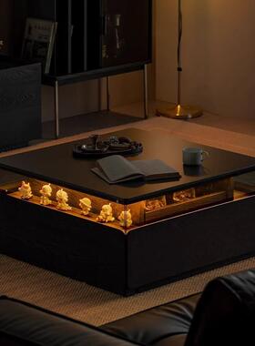 北欧复古岩板茶几客厅现代简约灯光氛围黑色正方形小户型实木家用