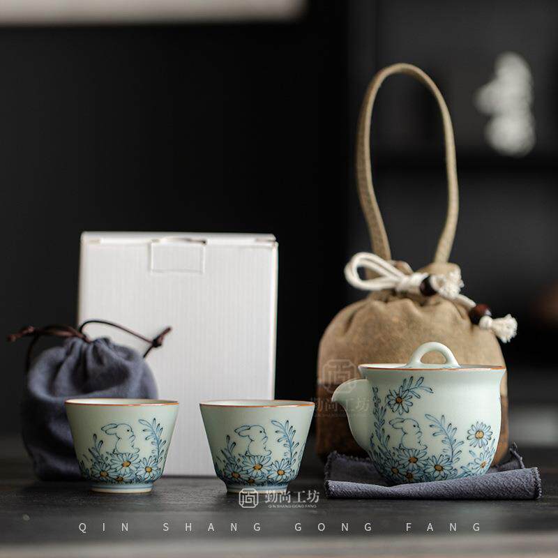 仿古天青汝窑一壶两杯快客杯小套组青花陶瓷手抓壶旅行茶具套装