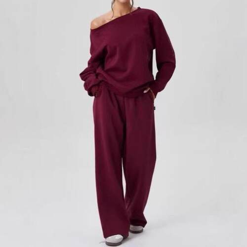 Womens Leisure Solid Color Sloping Shoulder Long Sleeve Top
