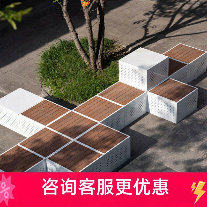 户外不锈钢花箱座凳组合公园广场售楼部休息凳室外铁艺塑木坐椅图片