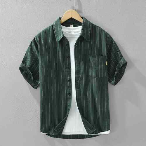 Men's linen striped short sleeved shirt made of linen