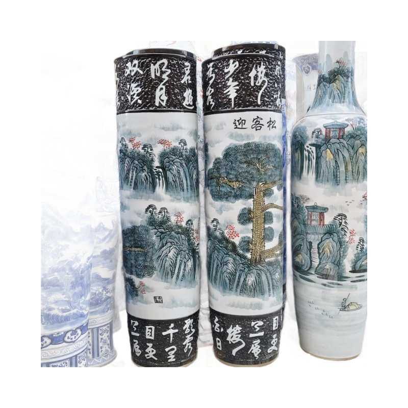 手绘落地花瓶大箭筒迎客松青花山水陶瓷大摆件花瓶开业礼品装饰