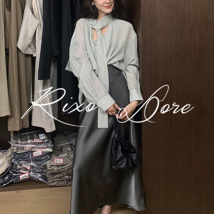 RIXO DORE法式高级感荡领长袖衬衫上衣高腰缎面半身长裙小众套装