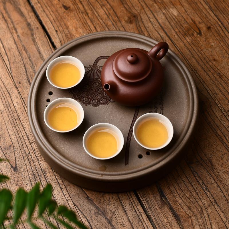 宜兴原矿紫砂纯手干2931泡台家茶盘双层储水泡茶圆桌形工茶茶台用