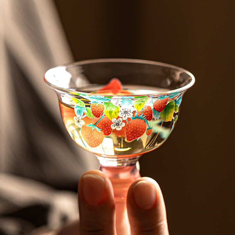 手工贴花欢喜草莓高足小茶杯单个品茗杯耐热玻璃主人杯反口杯