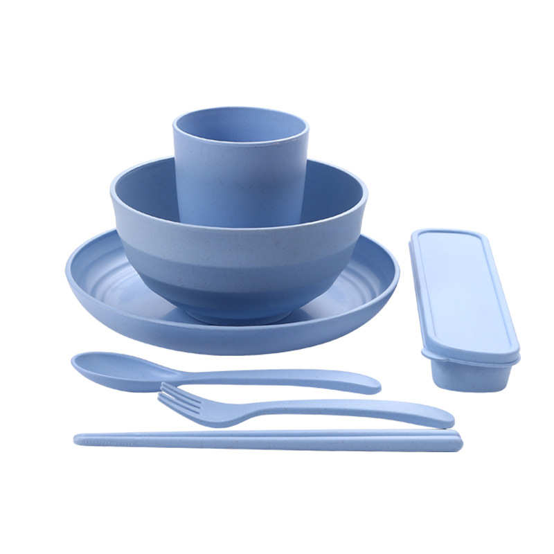 小麦秸秆餐具 简约28件套装碗碟盘杯子刀叉勺便携盒 可印logo