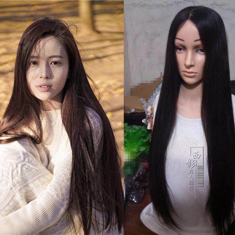 真人发丝黑长直发女士假发套中分递针透气学生发型全头套短发自然