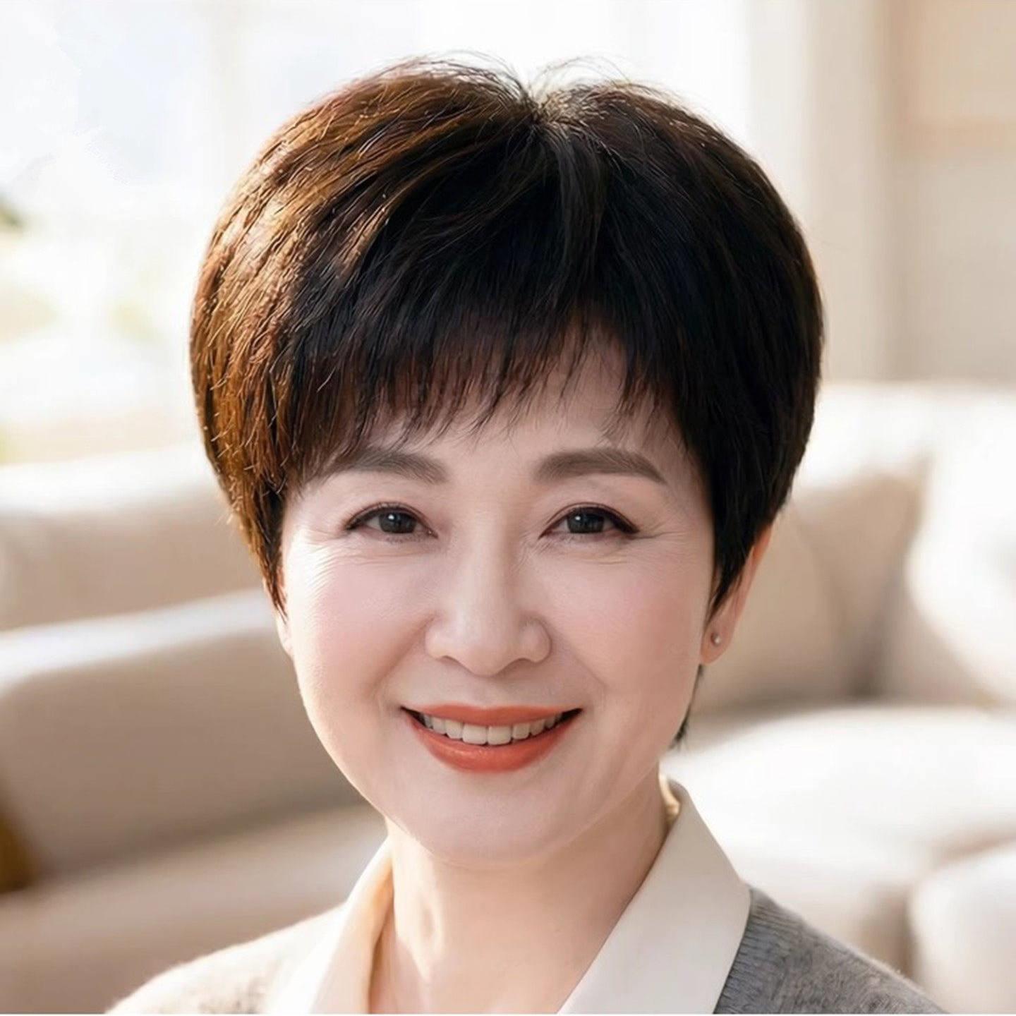 假发全头套女真人发丝短发中老年女士真发头套全真妈妈假发套透气