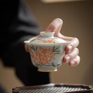弥言纯手绘桃花盖碗手工陶瓷薄胎泡茶碗描金茶碗功夫茶具家用日式