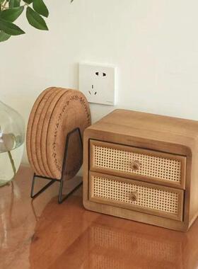 桌面木制收纳柜藤编小抽屉杂物储物盒办公室书桌上置物架文具箱柜