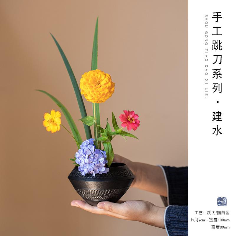 手工花器花瓶复古怀旧花盆茶渣桶建水陶瓷茶具配件民宿摆件