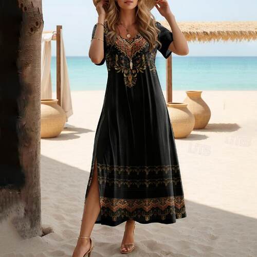 Breathable floral dress with large swing and slit, mid