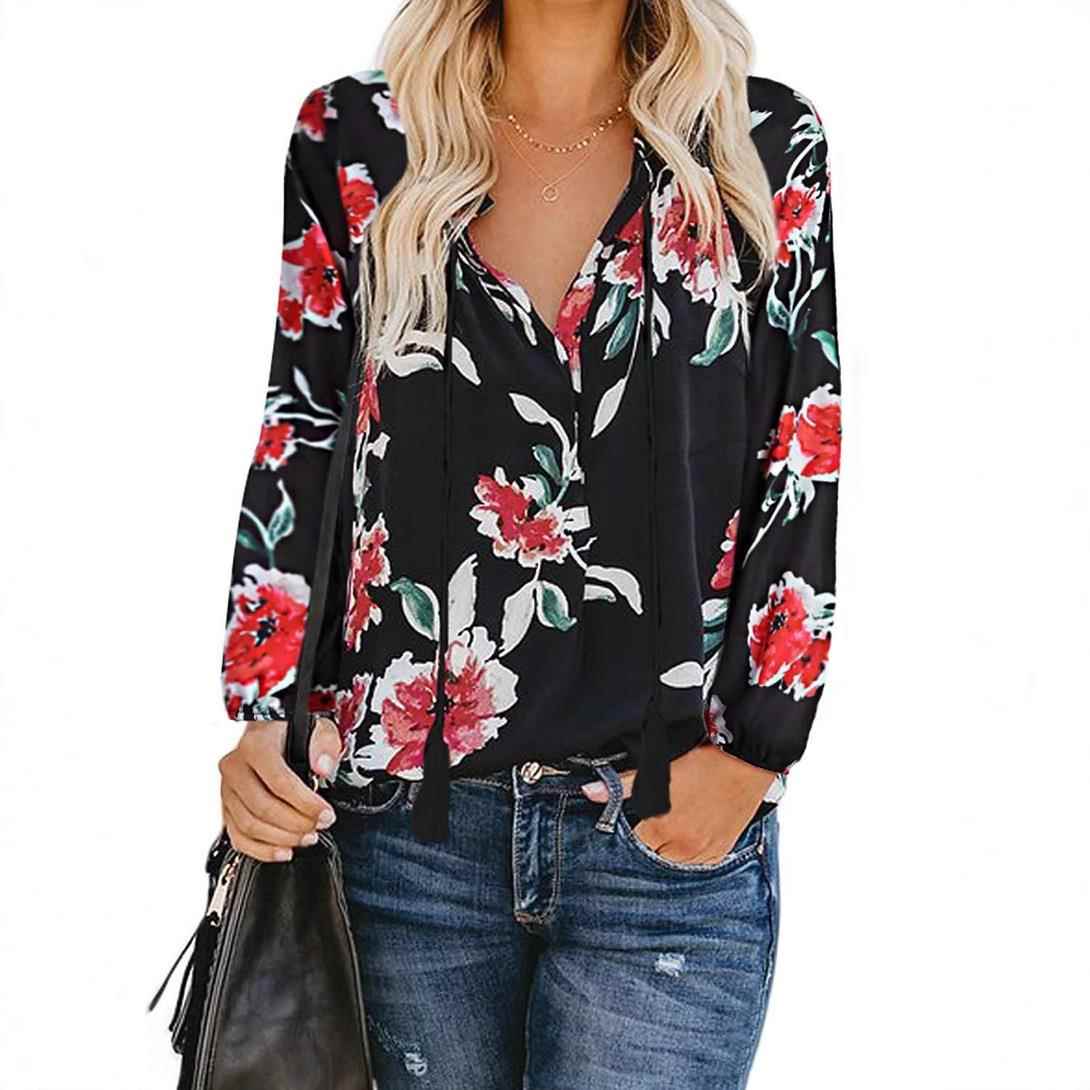 Floral Long Drawstring Pullover Neck Sleeve Shirt V Tops
