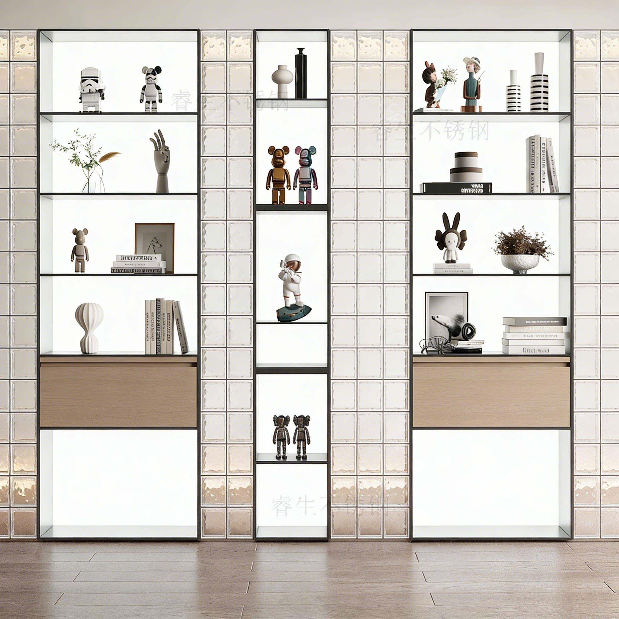 个性不锈钢发光展示柜 餐台边金属钢板柜金色白色金属展示柜