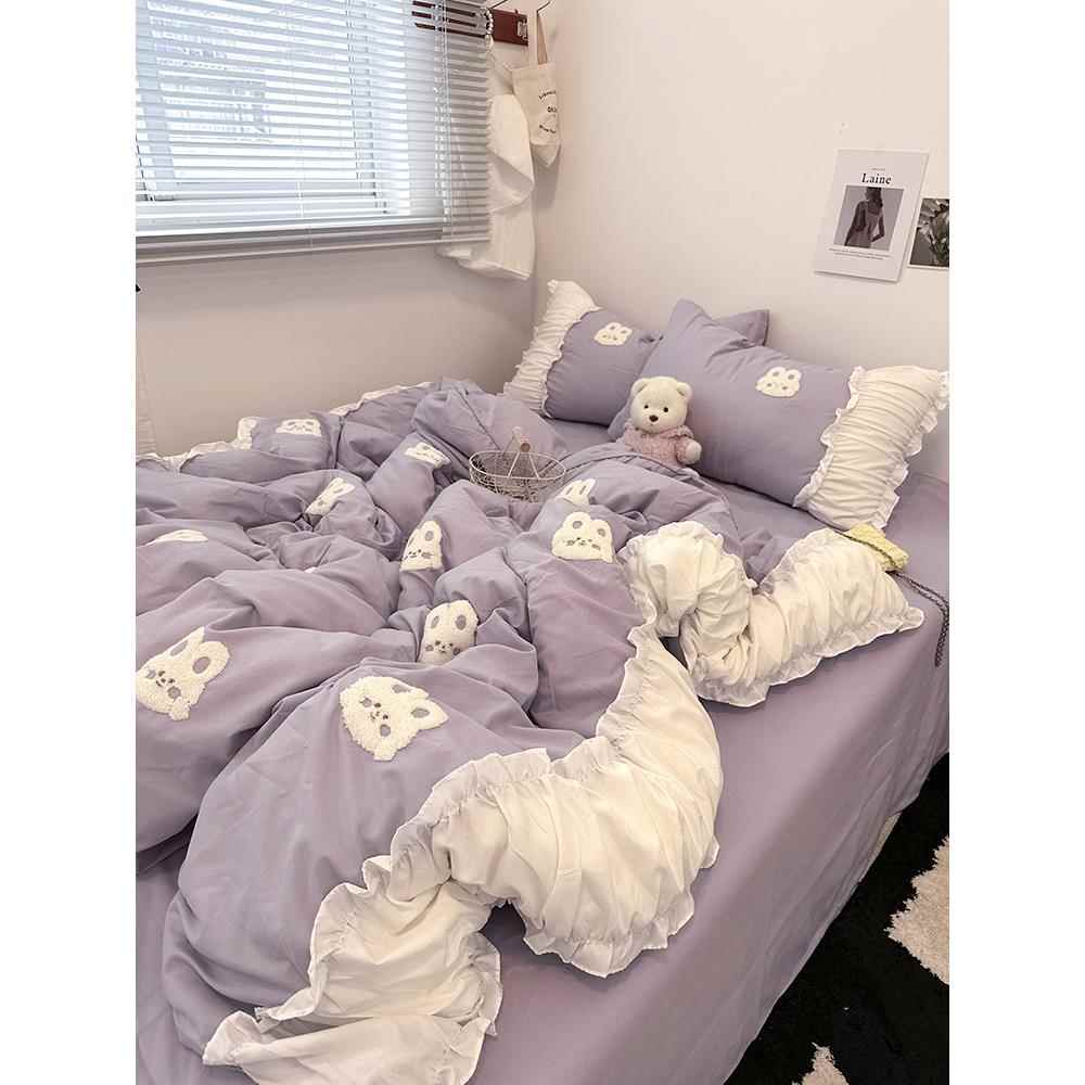 韩式ins少女心毛巾绣兔子被套水洗棉四件套床单花边床裙三件套1.8