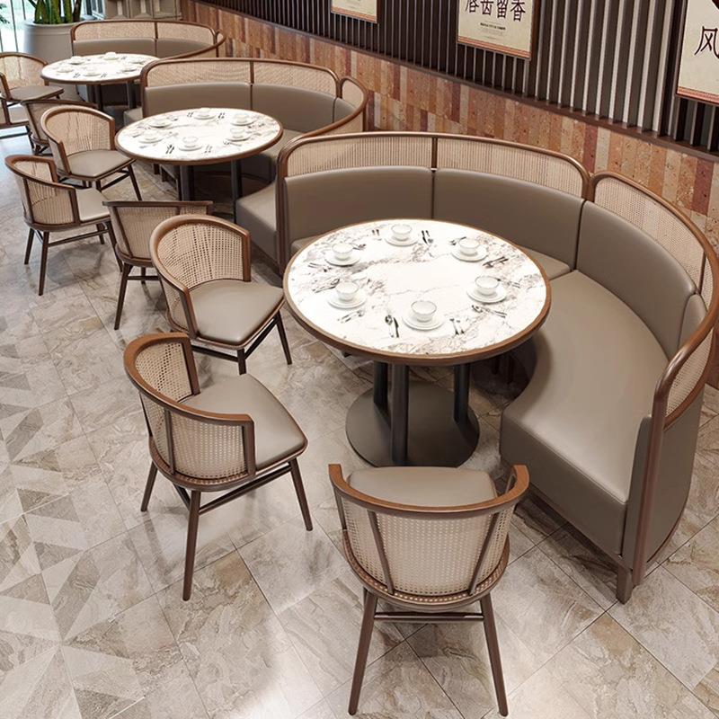 现代简约主题餐厅奶茶店火锅铁艺实木编藤桌椅商用卡座沙发