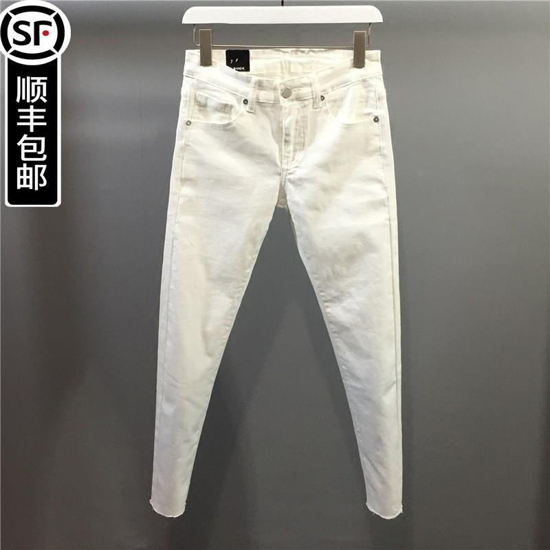 香港潮牌代购韩版新款白黑色九分长版牛仔裤男百搭修身弹力窄脚裤