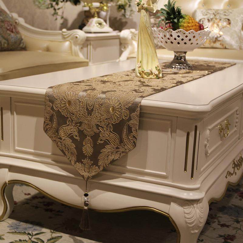 滑简约式立盘带绣花仿真丝体桌旗美式奢ZQ0077华客厅桌布防茶几欧