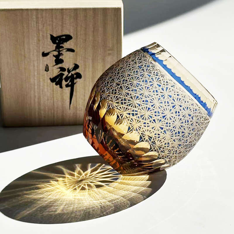 手工雕刻江户切子小众圆形复古高端水晶酒杯个性日式烈酒杯