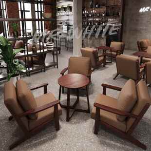 覆古咖啡厅桌椅组合奶茶店餐饮休闲 酒吧酒店接待洽谈皮艺沙发椅