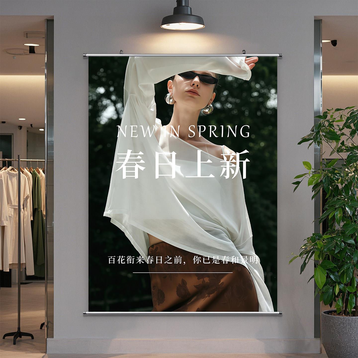 服装店海报挂画春款上新高级感氛围布置女装店广告定制卷轴装饰画