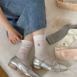 夜间教习室蝴蝶结袜子芭蕾风灰色，中筒袜女夏季薄款竖纹白色堆堆袜