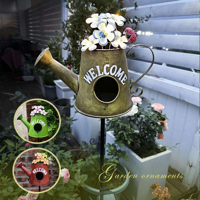 欧式水壶鸟窝花插植物爬藤支架太阳能灯铁艺庭院阳台网红摆件装饰