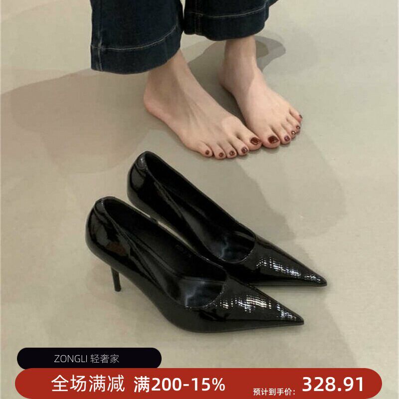 香港时尚漆皮尖头高跟鞋女春季2026年新款工作OL职业百搭细跟单鞋
