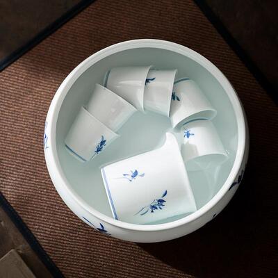 羊脂玉中国白茶洗 釉下纯手绘蝴蝶兰杯洗茶渣桶 水盂建水茶缸茶盆