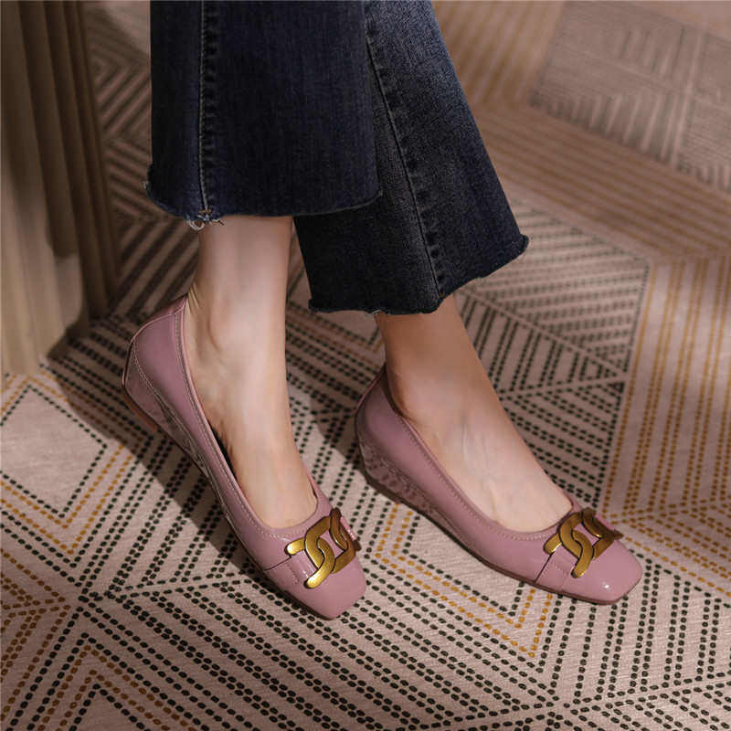 方头藕粉色单鞋女金属扣内增高坡跟豆豆鞋女酒红色中跟软底鞋船鞋,女鞋,乐福鞋（豆豆鞋）,淘宝优惠券,粉丝福利购,淘宝优惠卷