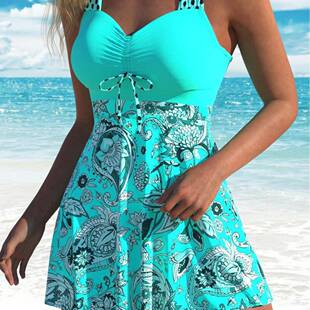 Womens Plants Print V Neck Swimdress Tankini Set Casual