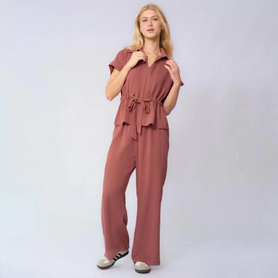 Two-Piece Set Women's Solid Versatile Collared Top & Wide