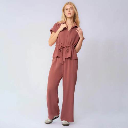 Two-Piece Set Women's Solid Versatile Collared Top & Wide