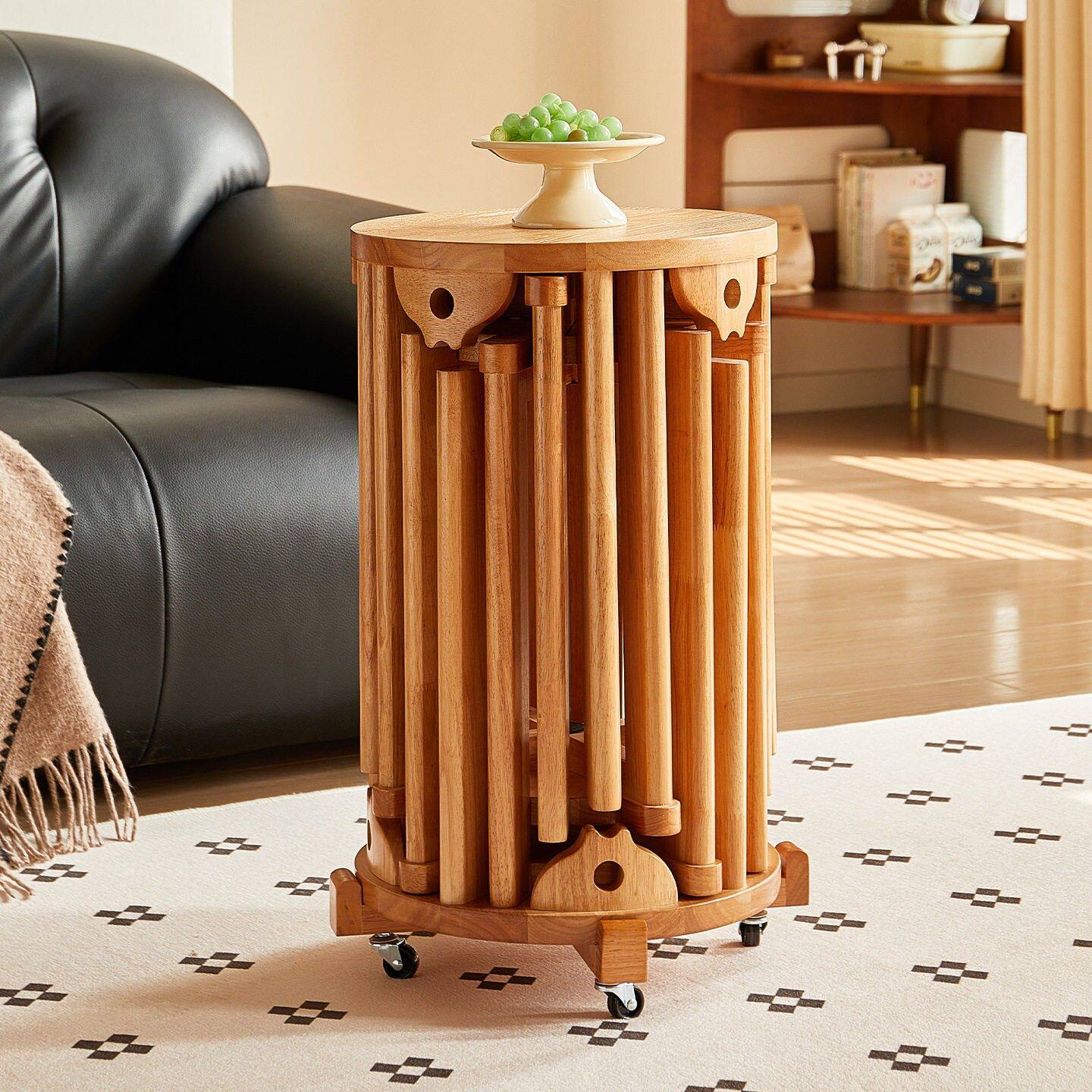 实木可叠放茶几组合凳子叠叠乐圆凳餐桌待客备用凳带滑轮折叠椅子