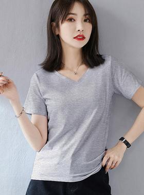 高档V领作服女T恤字纯棉修身短袖制log印o文化定衫美容院工白色服