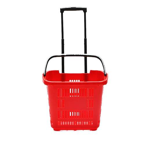 QY-4超市拉杆式购物篮塑料两轮手提篮便利店筐子带轮购物篮35L