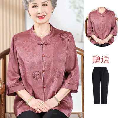 中老年人夏装女真丝绸缎衬衫奶奶套装老人太太衣服妈妈桑蚕丝衬衣