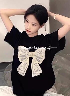 I.Tchooiate纯棉蝴蝶结黑色短袖t恤女2025夏款大码百搭半袖上衣潮