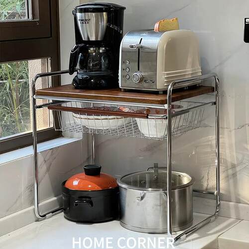 厨房多功能微波炉置物架家用双层收纳中古风小型碗架餐具台面碗柜