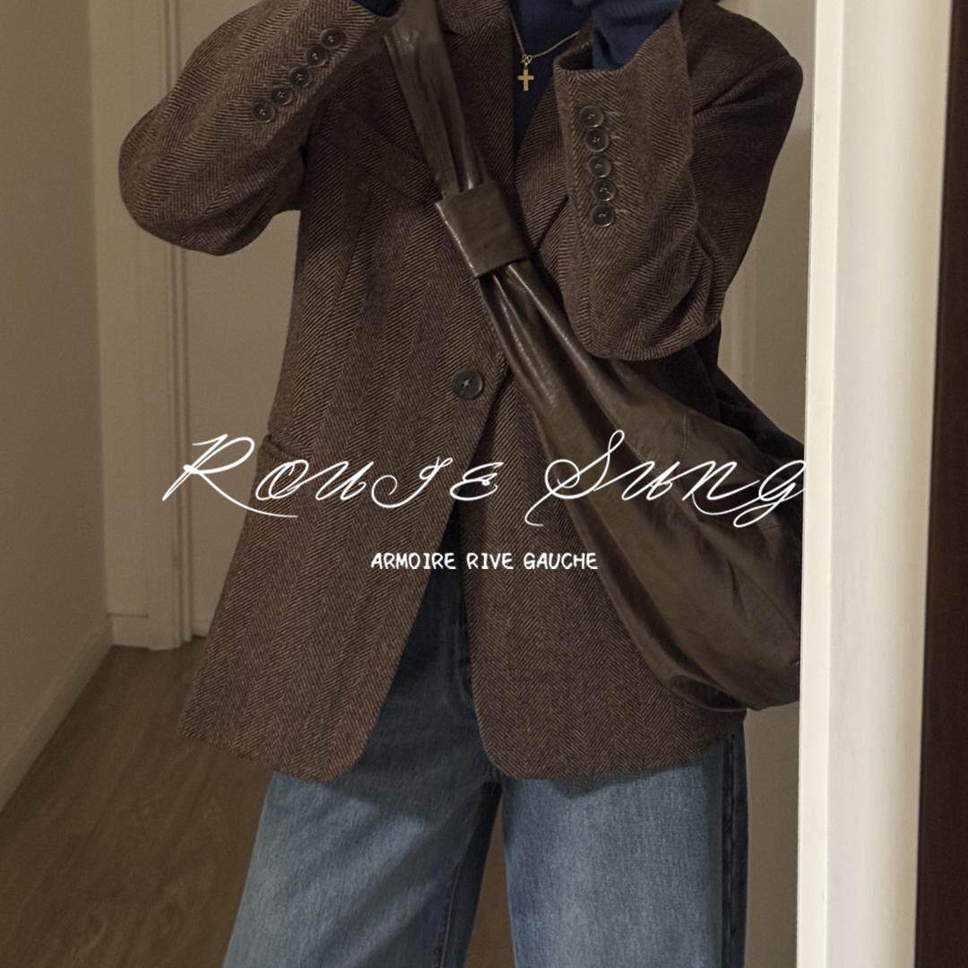 ROUJE SUNG美拉德高级感西装外套女春秋人字纹小个子韩系呢子大衣