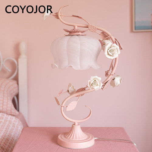 浪漫欧式粉色台灯卧室ins公主粉玫瑰花朵少女心女孩儿童房床头灯