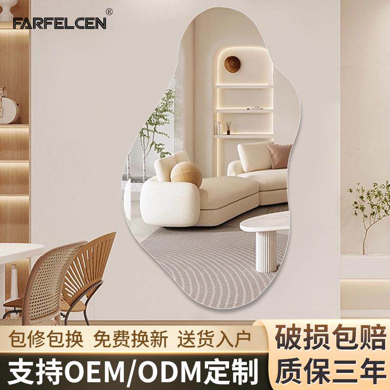 无框异形穿衣镜贴墙自粘全身镜家用壁挂悬挂入户镜子led灯智能镜