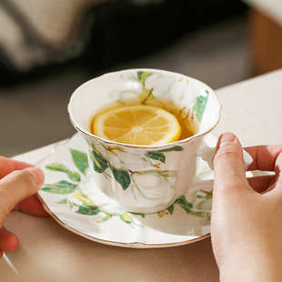 金边茶花咖啡杯碟复古轻奢花卉陶瓷杯家用创意下午茶水杯礼品 欧式