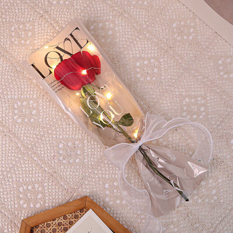 简易英文透明花束套袋鲜花玫瑰防水多支塑料包装袋花纸单支袋摆摊