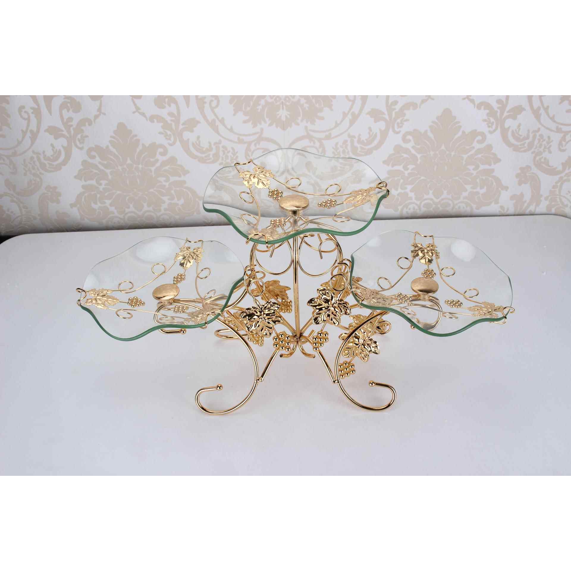 欧式奢华现代客厅干果盘玻璃水果盘创意点心盘双色三头层糕点架