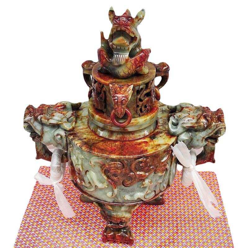 钰程本命年玉器 直径20CM岫玉九龙鼎香炉摆件大号公司财位摆件