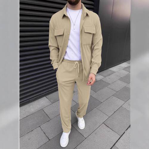 Men's corduroy long sleeved lapel shirt long pants set
