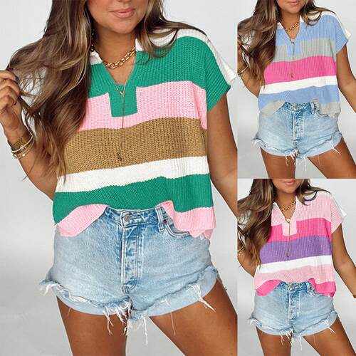Womens Multicolour Stripes Color Block Notch V Neck Sweater