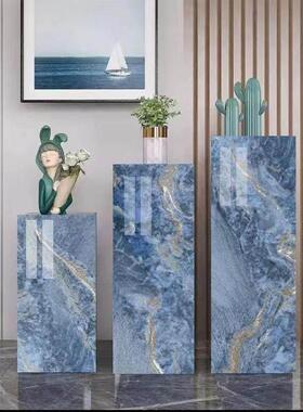 新款孔雀蓝岩板花架家居客厅酒店会所办公室摆件底座落地展示台