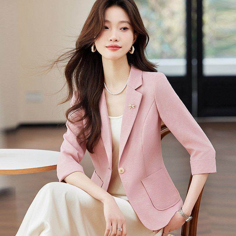 粉色休闲西装外套女2026新款夏季薄款小个子高级感气质中袖小西服